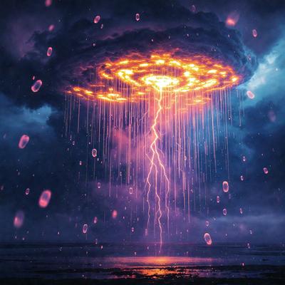 The primary subject of the image is a purple lightning bolt, which is the main focus of the scene. The setting is a beach, with the ocean visible in the background. The visual style is a digital art, illustration, or drawing, creating a unique and artistic representation of the lightning bolt. The colors and mood of the image are predominantly purple, which adds a sense of mystery and creativity to the scene.